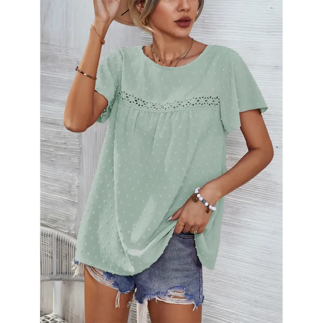 Short Sleeve Summer Tops Blouse Solid Color Lace Babydoll Shirts Green - Shop at LoveMi