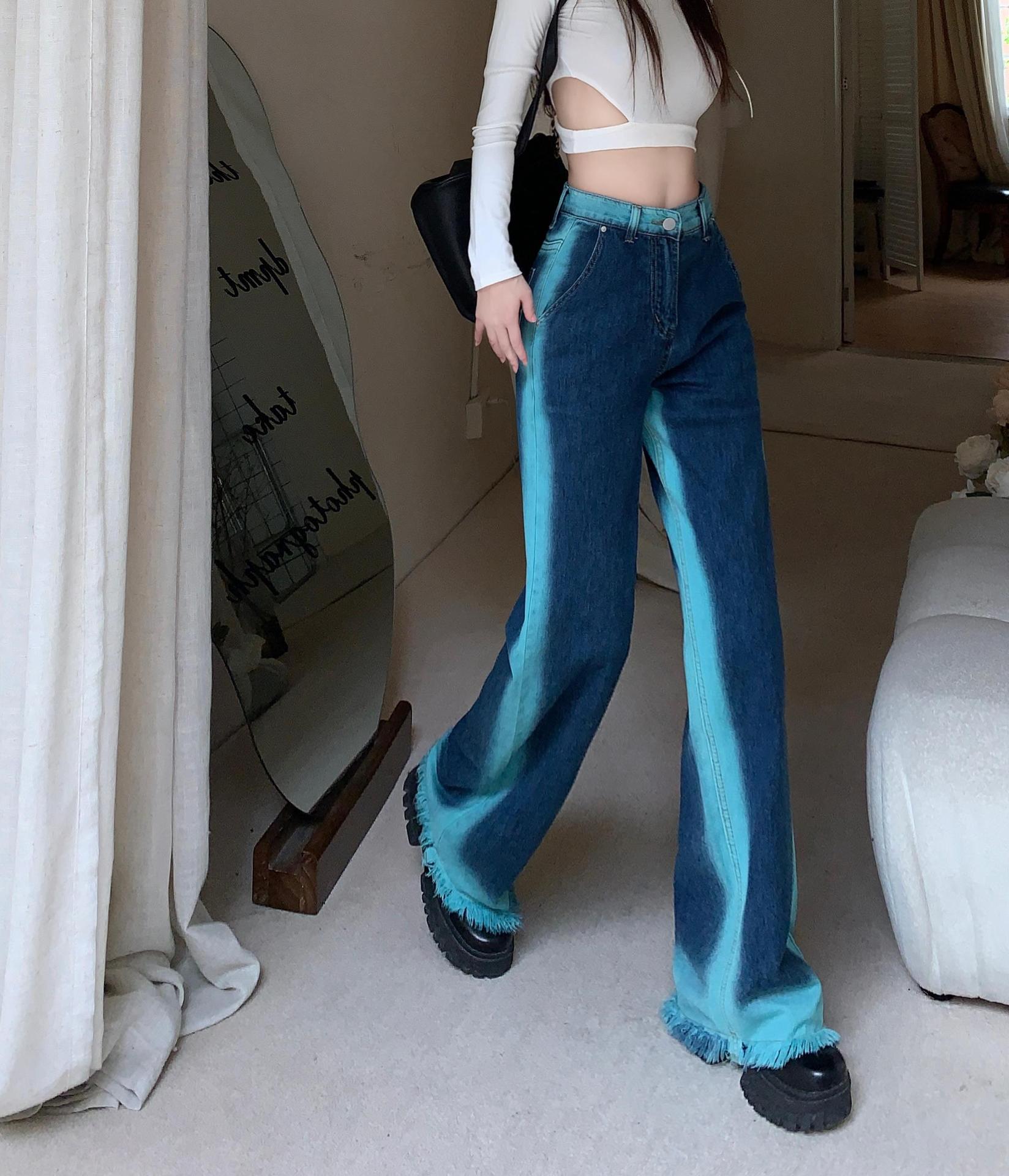 Street Color Jeans With Wide Legs And Raw Hem