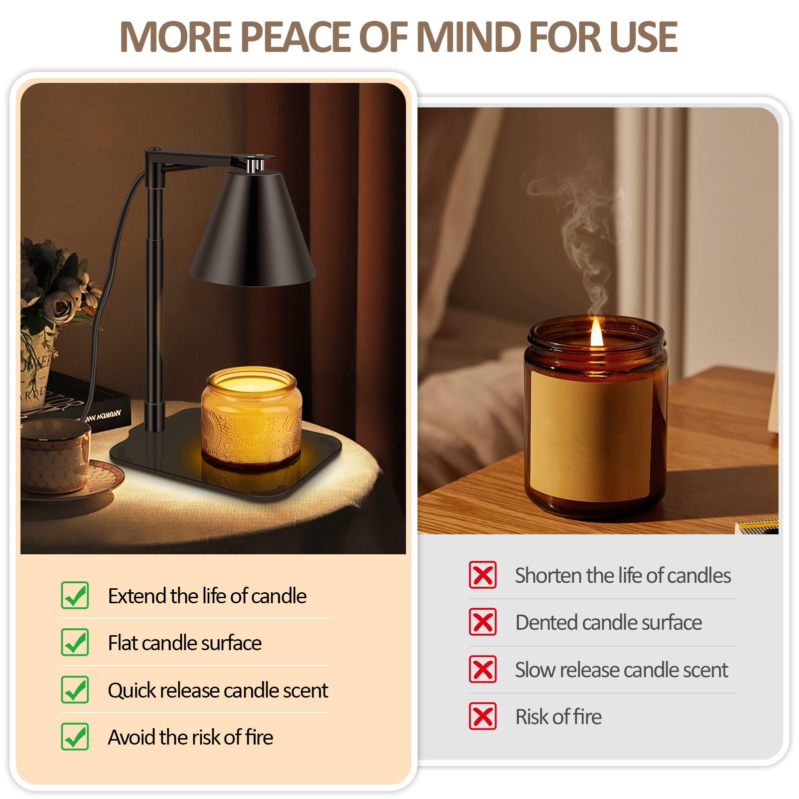 Electric Candle Warmer Lamp with Timer. HIGH QUALITY CANDLE WARMER: Candle warmer lamp with timer function can give you peace of mind to do other things. The electric candle warmer has three timer settings (2/4/8 hours) that you can set to suit your needs