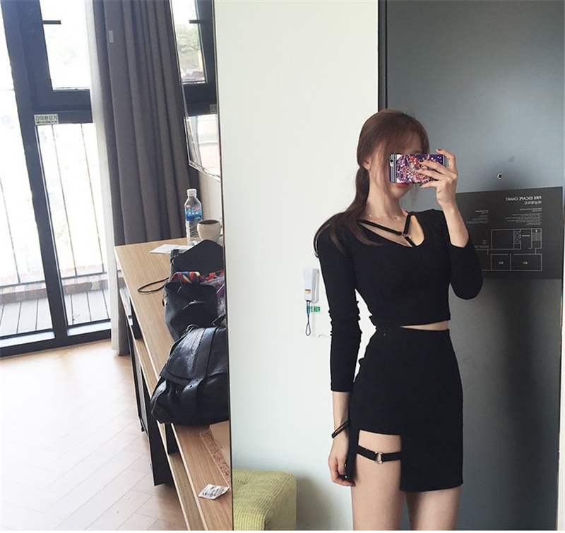 Title 5, Korean Style Black Mini Skirt with Irregular He...