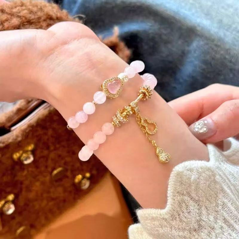 Natural Rose Quartz Strawberry Quartz Bracelet Double Layer Beaded Chain Love Energy Jewelry For Women