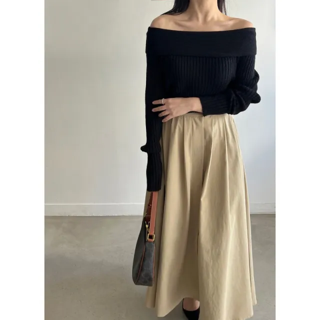 Off the shoulder Pile Collar Slim Knit Sweater Black - Shop at LoveMi