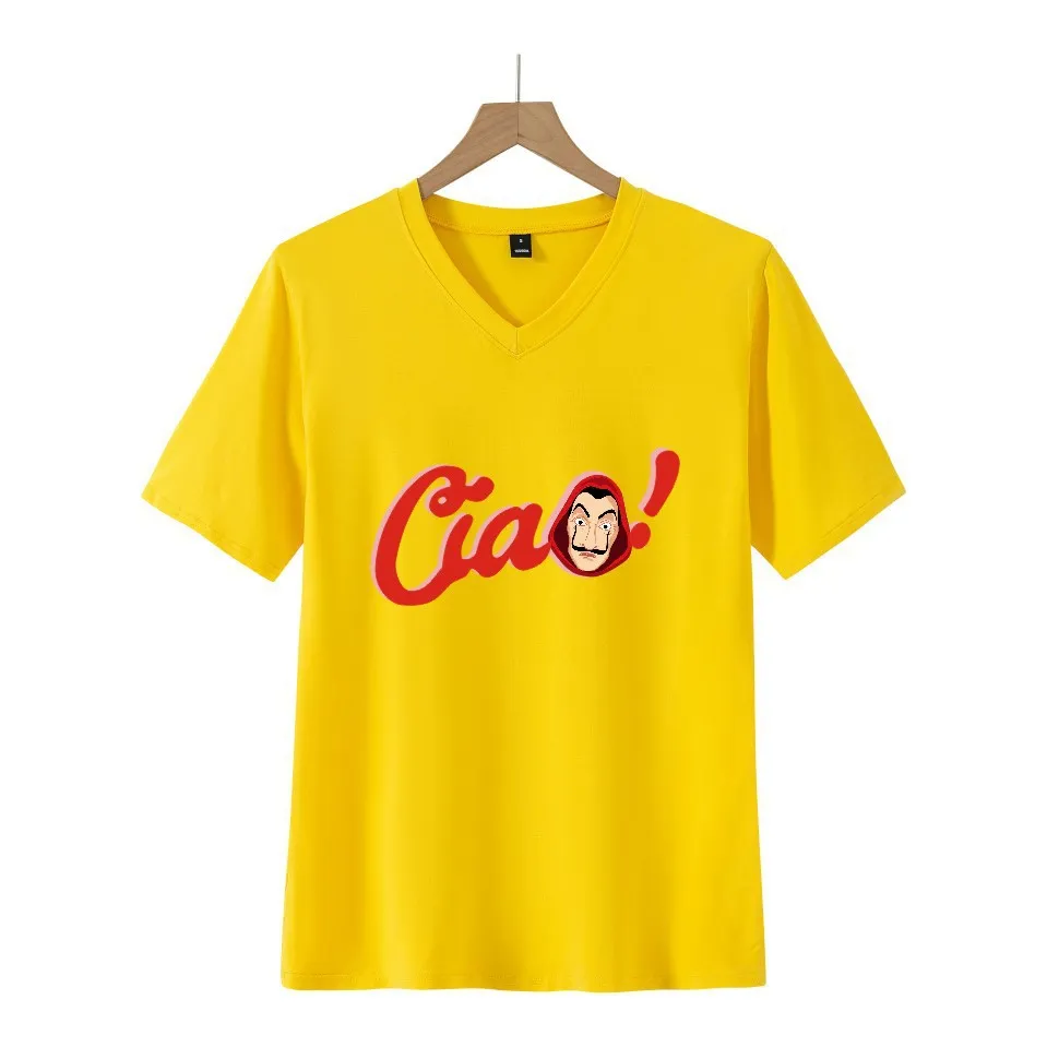 Fashion Women's Printed V-neck Short-sleeved T-shirt - Yellow