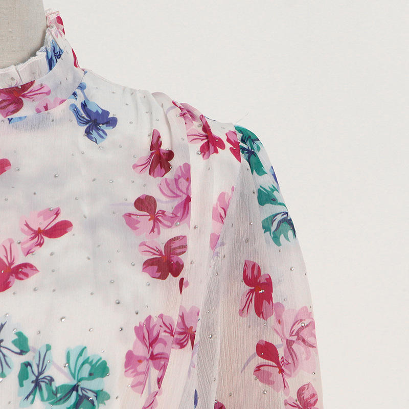 Floral Stand-Collar Pleated Shirt Dress — product details and sizing image 6