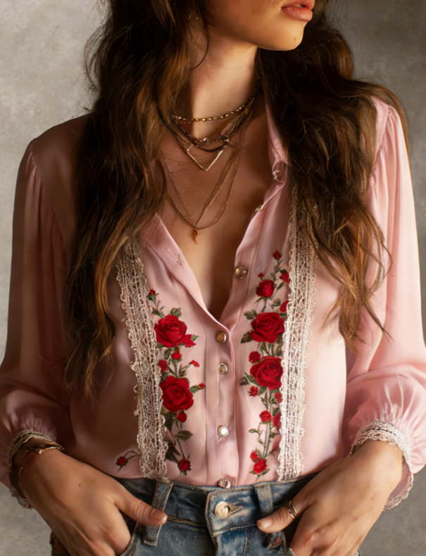 French Retro Style Lace Floral Print Shirt For Women