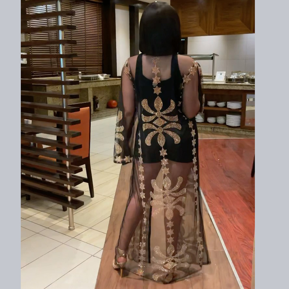 African Ethnic Style Robe Fashion Mesh Hot Drill Suspender Dress