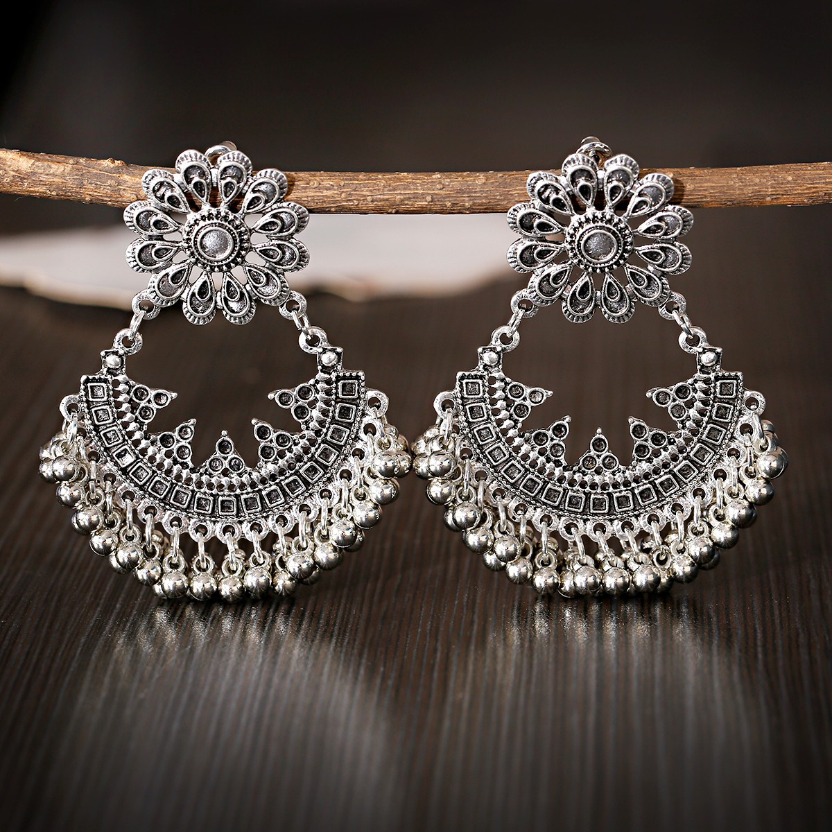 Fan-shaped Retro Ethnic Style Earrings Tassel Hollow