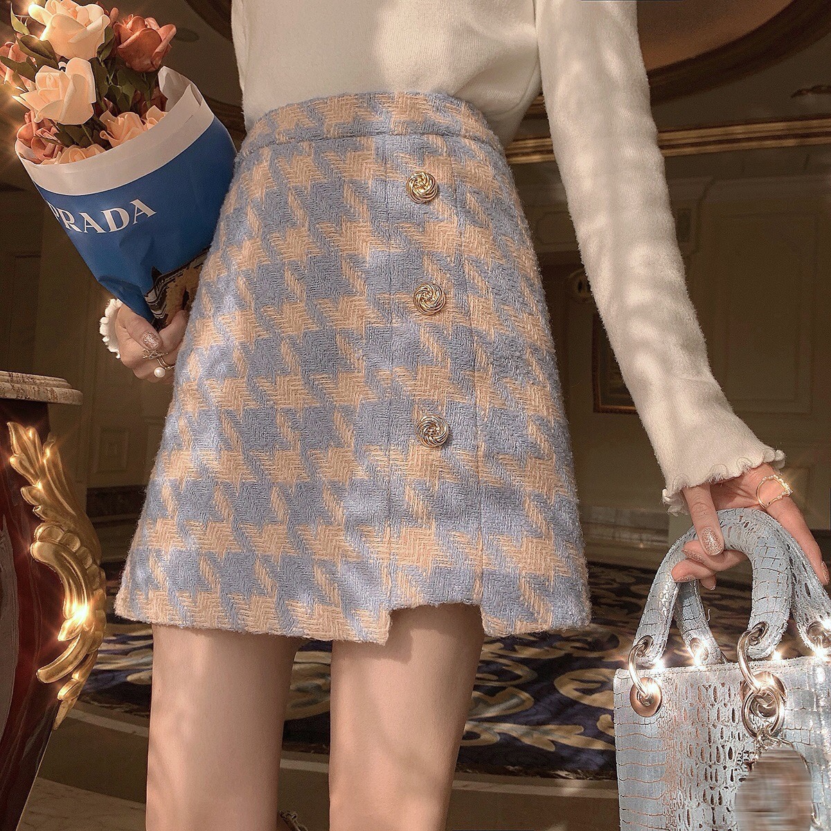 Xiaoxiangfeng Woolen Coat High Waist Bag Hip Plaid Skirt Suit