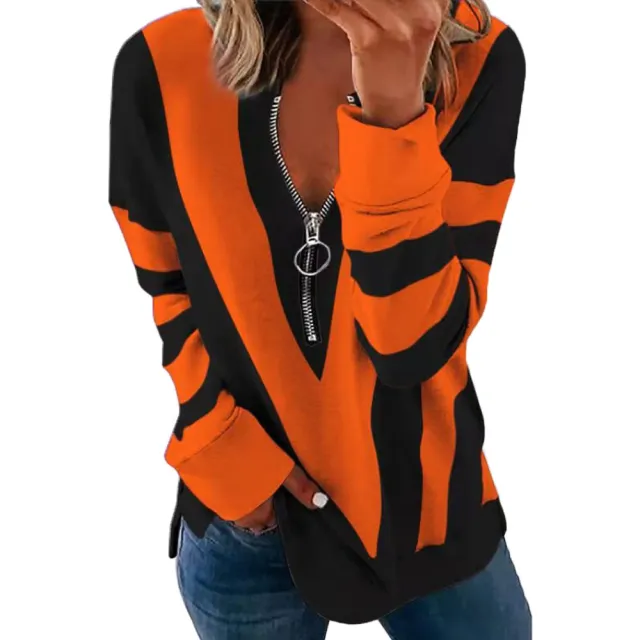 Printed Long Sleeve V Neck Zip Casual Loose Sweatshirt Orange - Shop at LoveMi