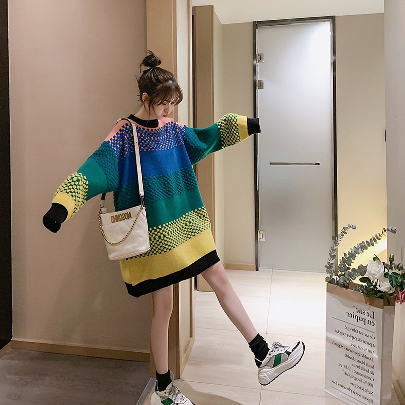 Women's Pullover Mid Length Rainbow Striped Sweater