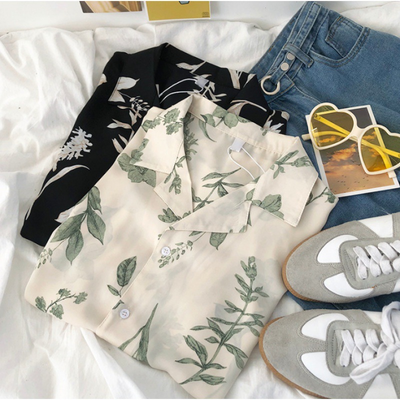 Green Leaf Print Casual Wear Retro Lapel Buckle Loose And Thin