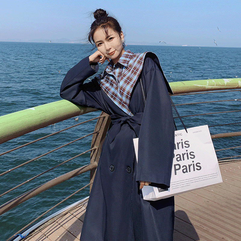 Plaid Stitching Trench Coat British Style Fake Two-piece