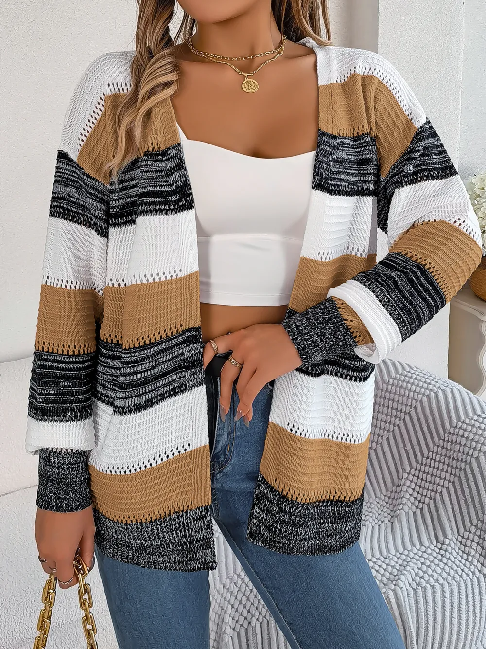 Women Casual Color Block Stripe Lantern Sleeve Cardigan Sweater Coat