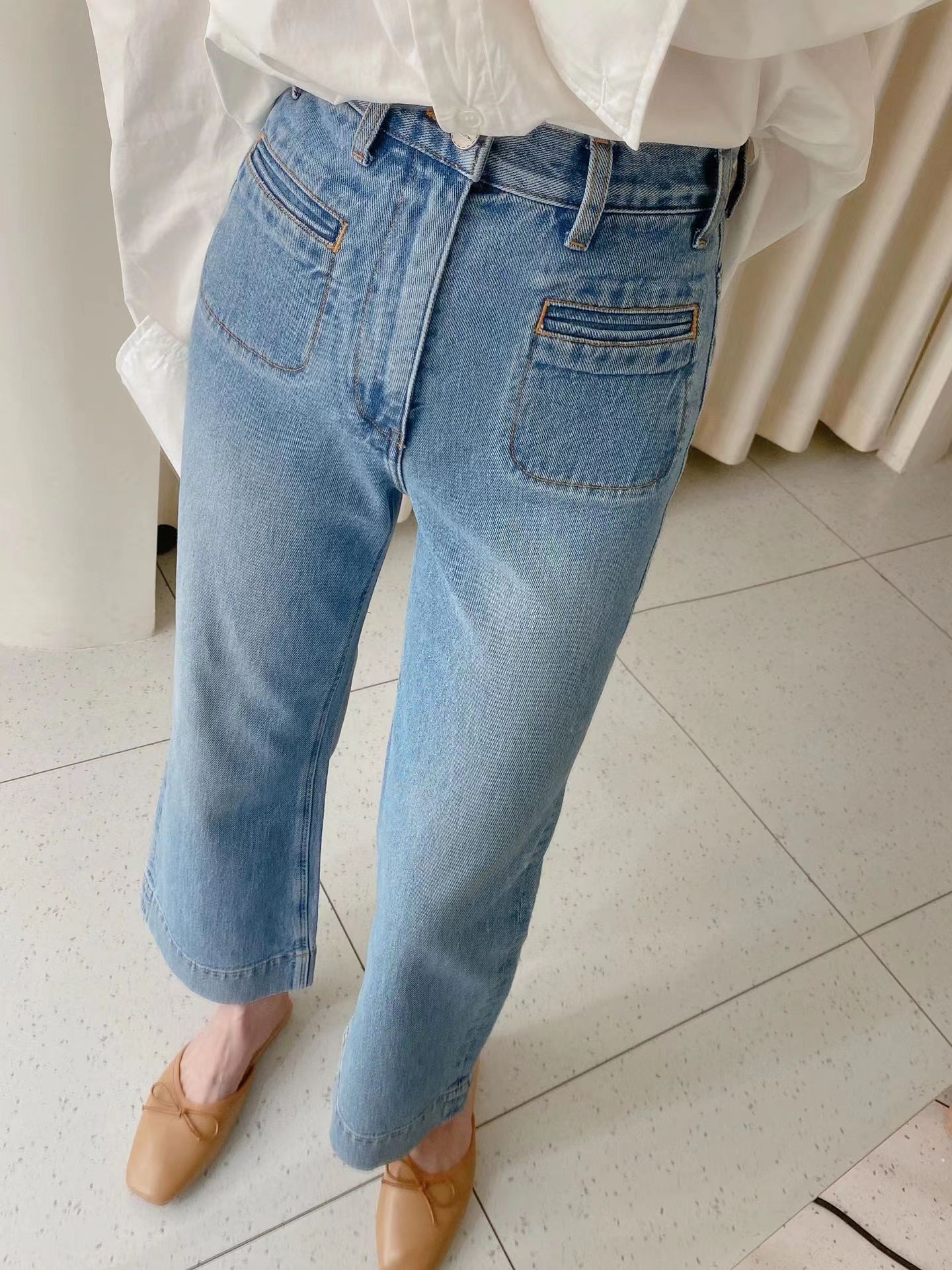 Women's Light Blue Distressed Ninth Micro Flared Jeans Blue - Shop at LoveMi