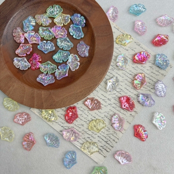 Translucent AB Iridescent Scallop Leaf Charms, Top-Hole Ribbed Acrylic Fan Pendants For DIY Hanfu Hairpins, Earrings & Necklace Drops.