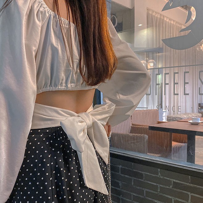 Puff Sleeve Bow Tie French Short Top Women