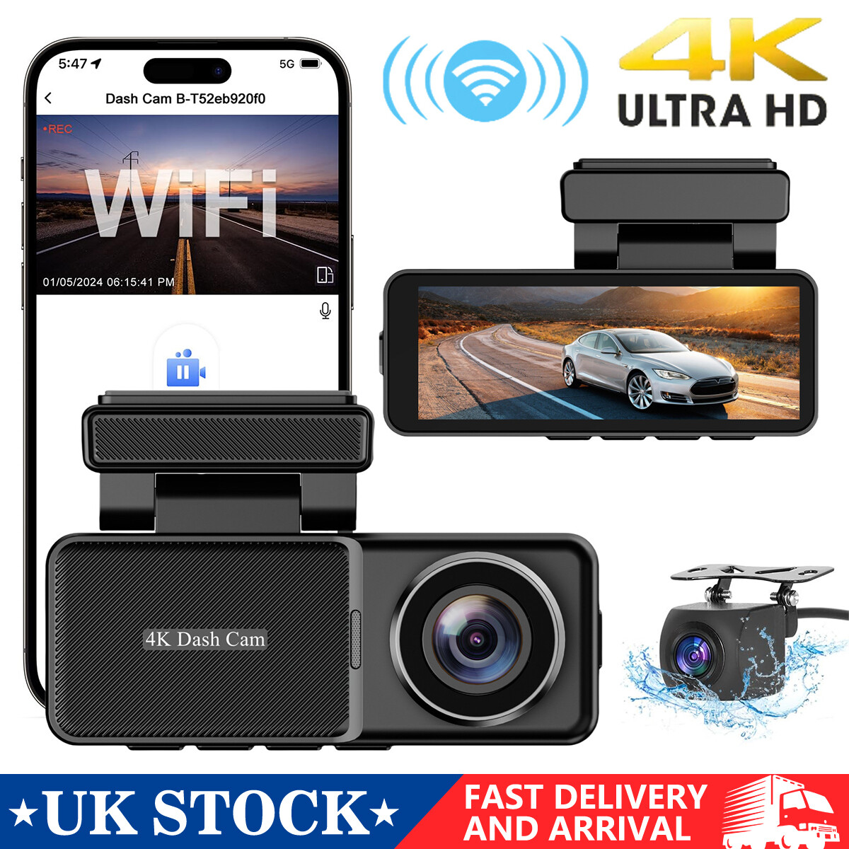 4K Dash Cam Front And Rear, 4k 1080P WiFi Dual Dash Cams With APP, 3.2 Inc IPS