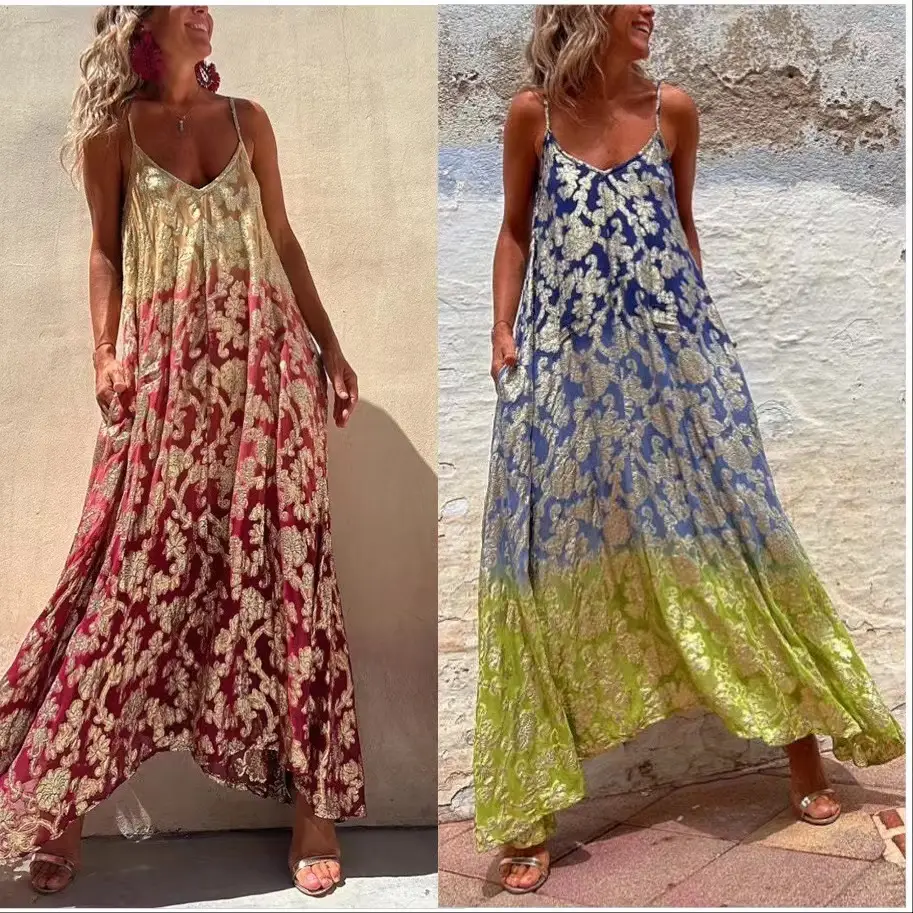 Fashion Printed Loose Big Hem Strap Dress For Women