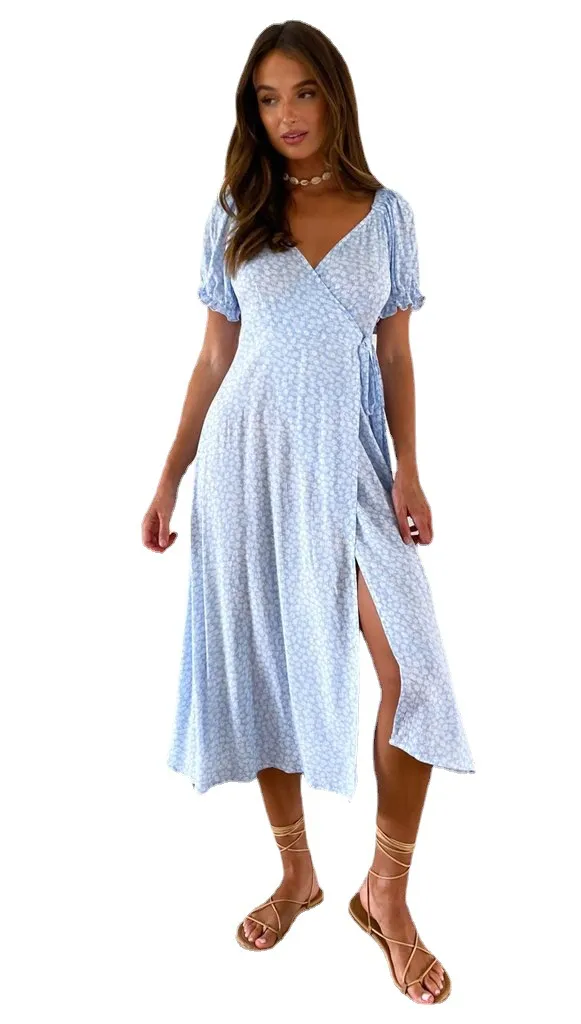 Chiffon Print V Neck High Waist Lace Up Women's Dress Light Blue - Shop at LoveMi