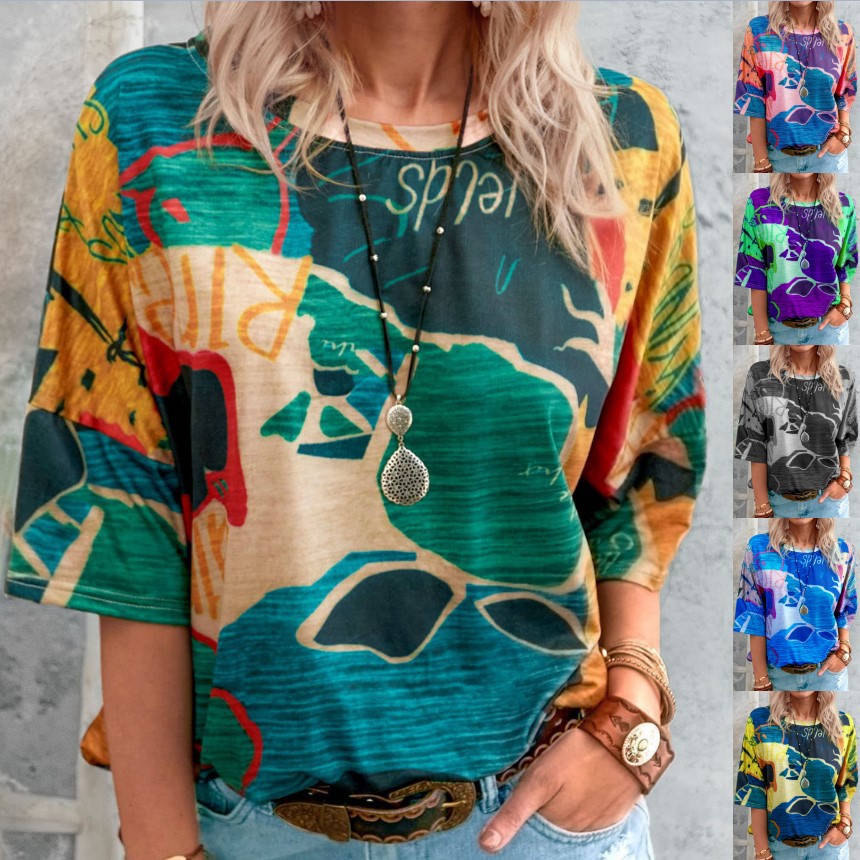 Fashion Ladies Round Neck Map Print T-shirt