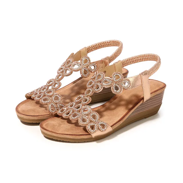 Rhinestone Bohemian Wedge Sandals Champagne 38 - Shop at LoveMi