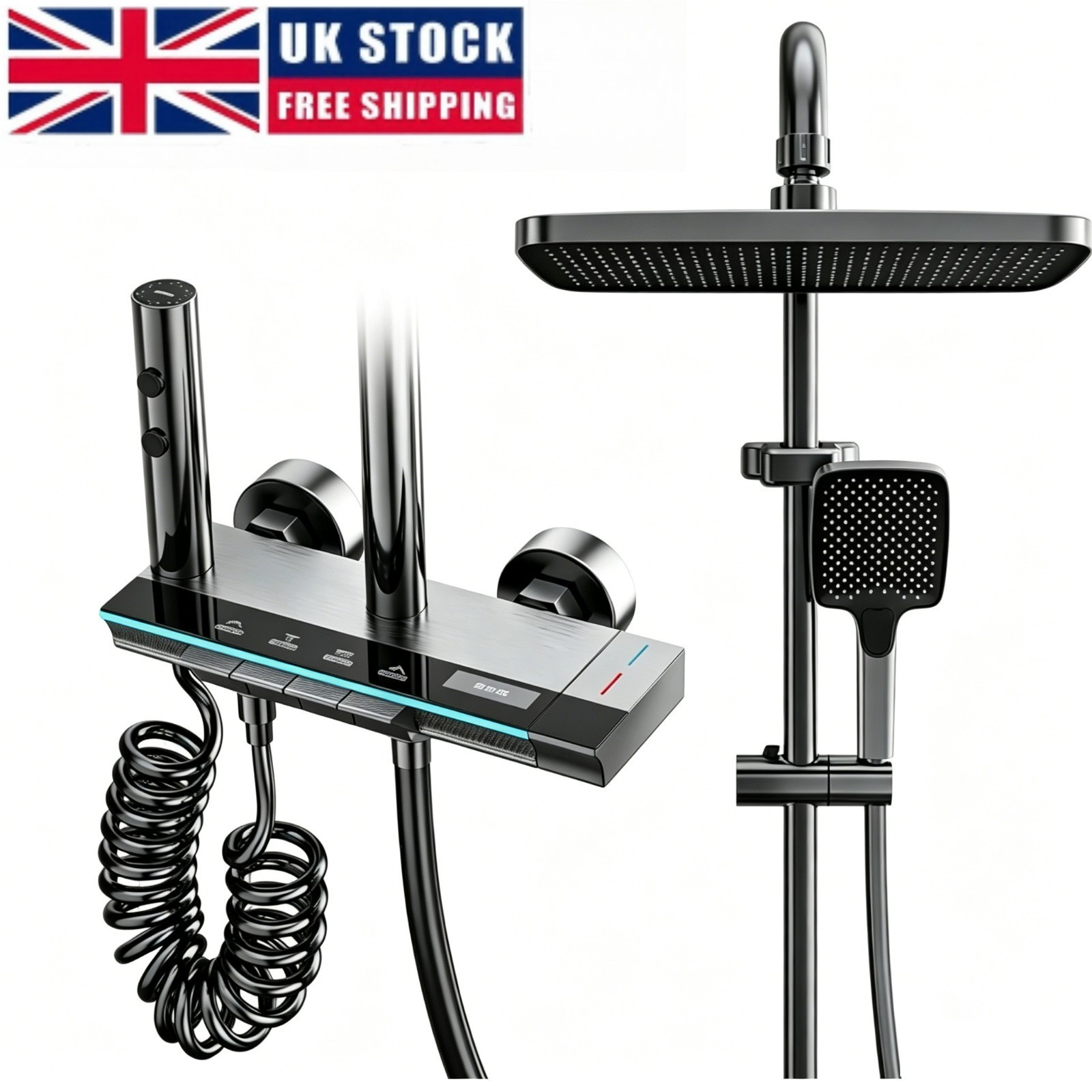Bathroom Thermostatic Exposed Shower Mixer Twin Head Large Square Bar Set Chrome — image 9