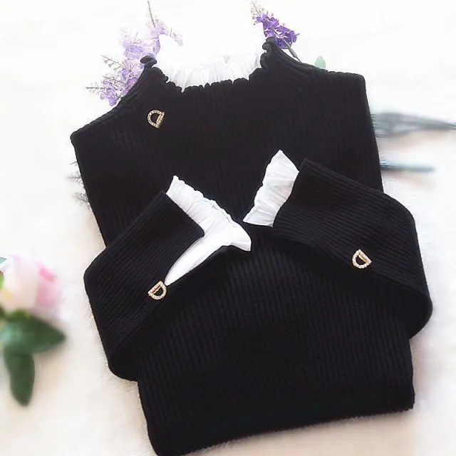 Half High Collar Bottom Sweater With Wooden Ear Edge Top For Women Black - Shop at LoveMi