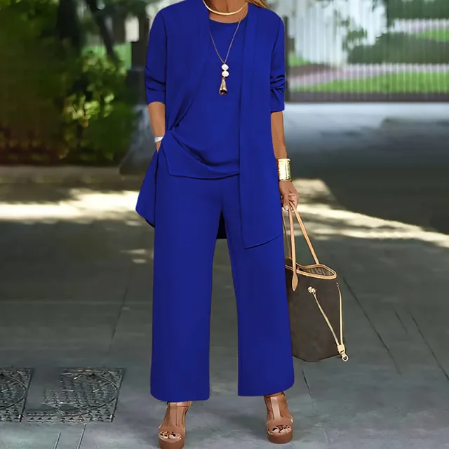 Women's Plus Size Casual 3 Piece Set Open Front Cardigan Sleeveless Vest Pants Solid Color Lounge Set Blue - Shop at LoveMi