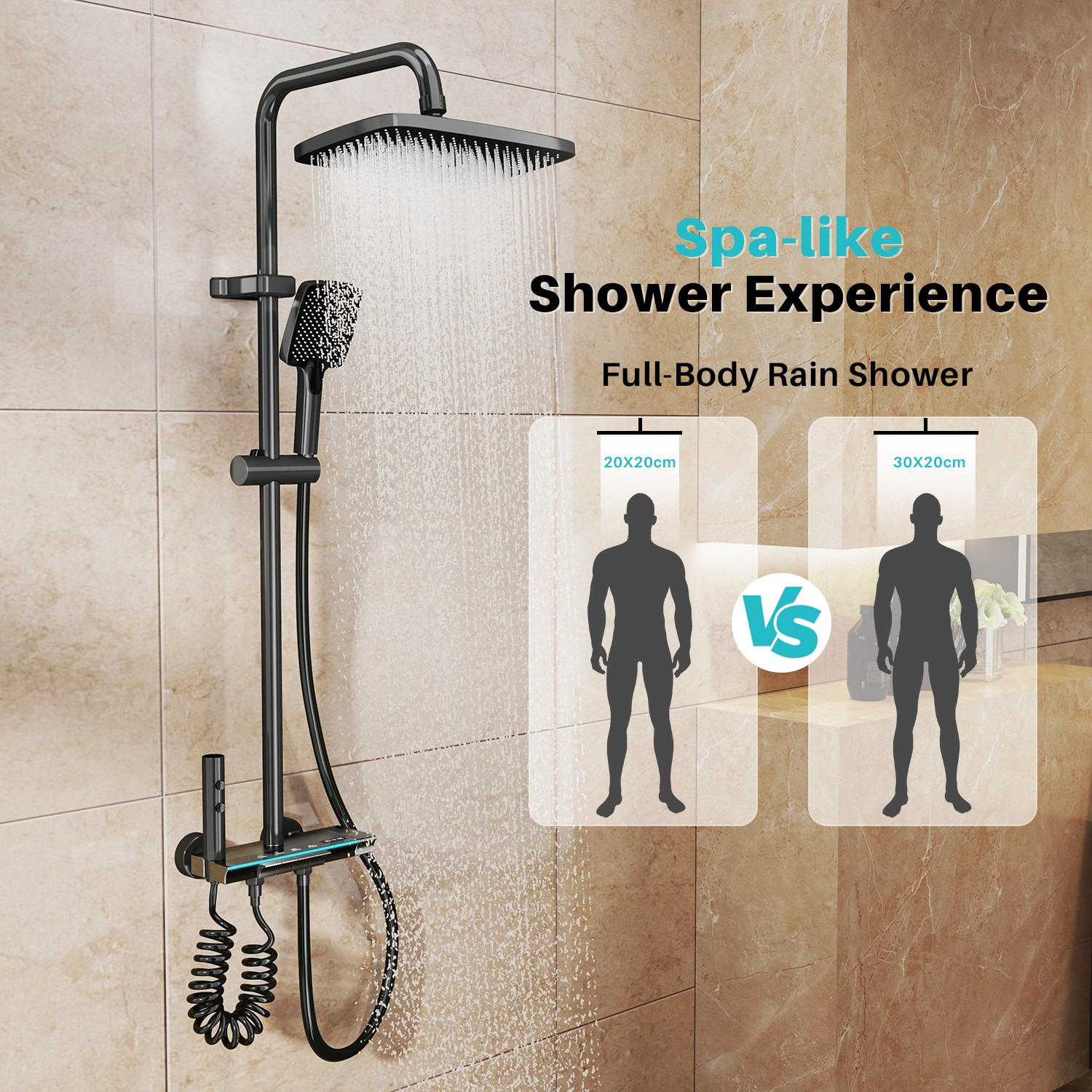 Bathroom Thermostatic Exposed Shower Mixer Twin Head Large Square Bar Set Chrome — image 7