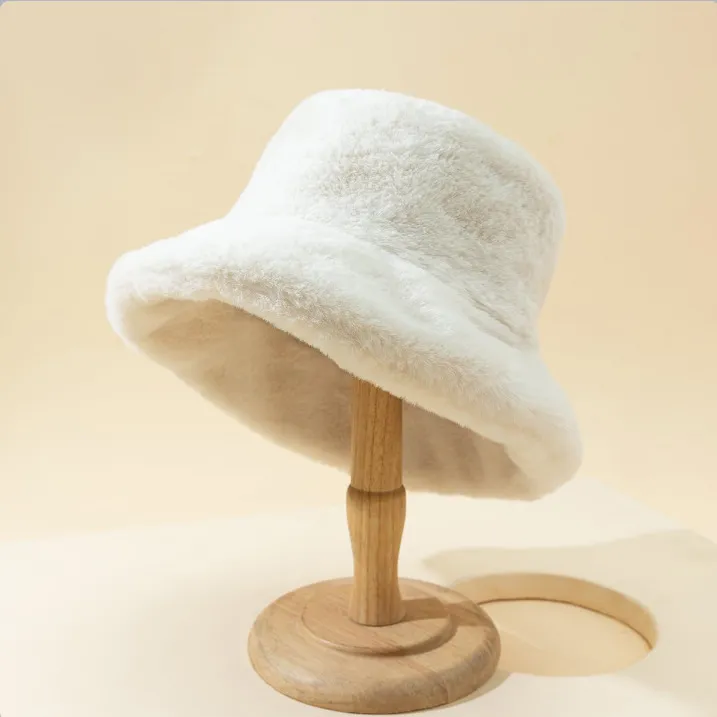 Thickened Plush And Minimalist Imitation Rabbit Hair Basin And Sweet Female Bucket Hat - Beige