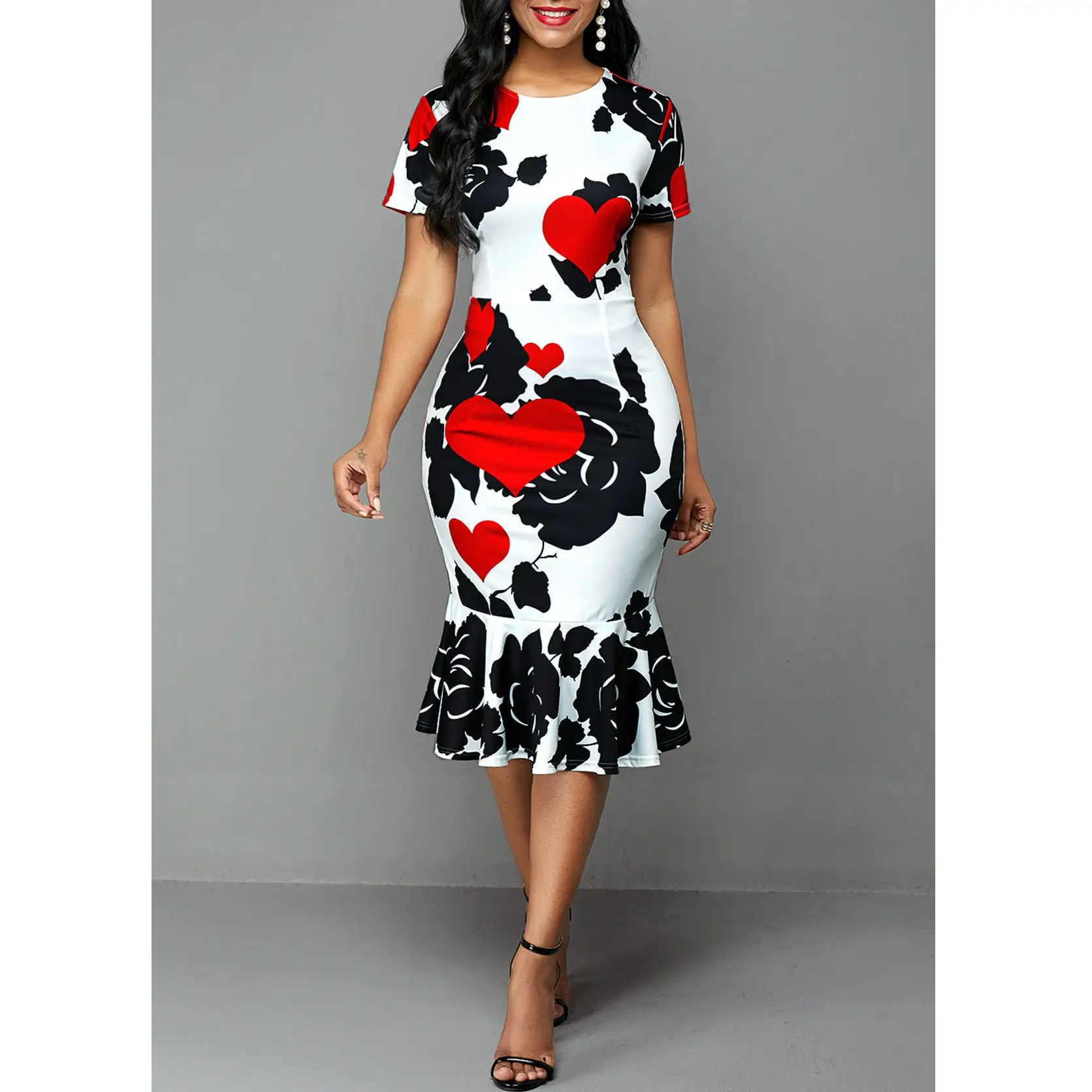 European And American Round Neck Short Sleeve Printed Slim Ruffle Dress