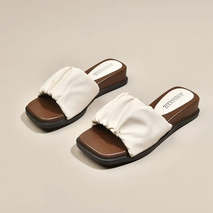 Ruched Square Toe Open Platform Slide Sandals
