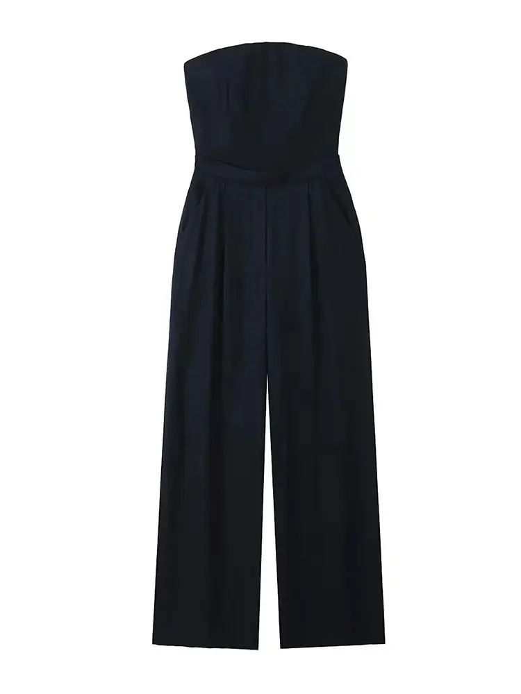 Women's Black Loose Fitting Linen Blend Bra Style Jumpsuit