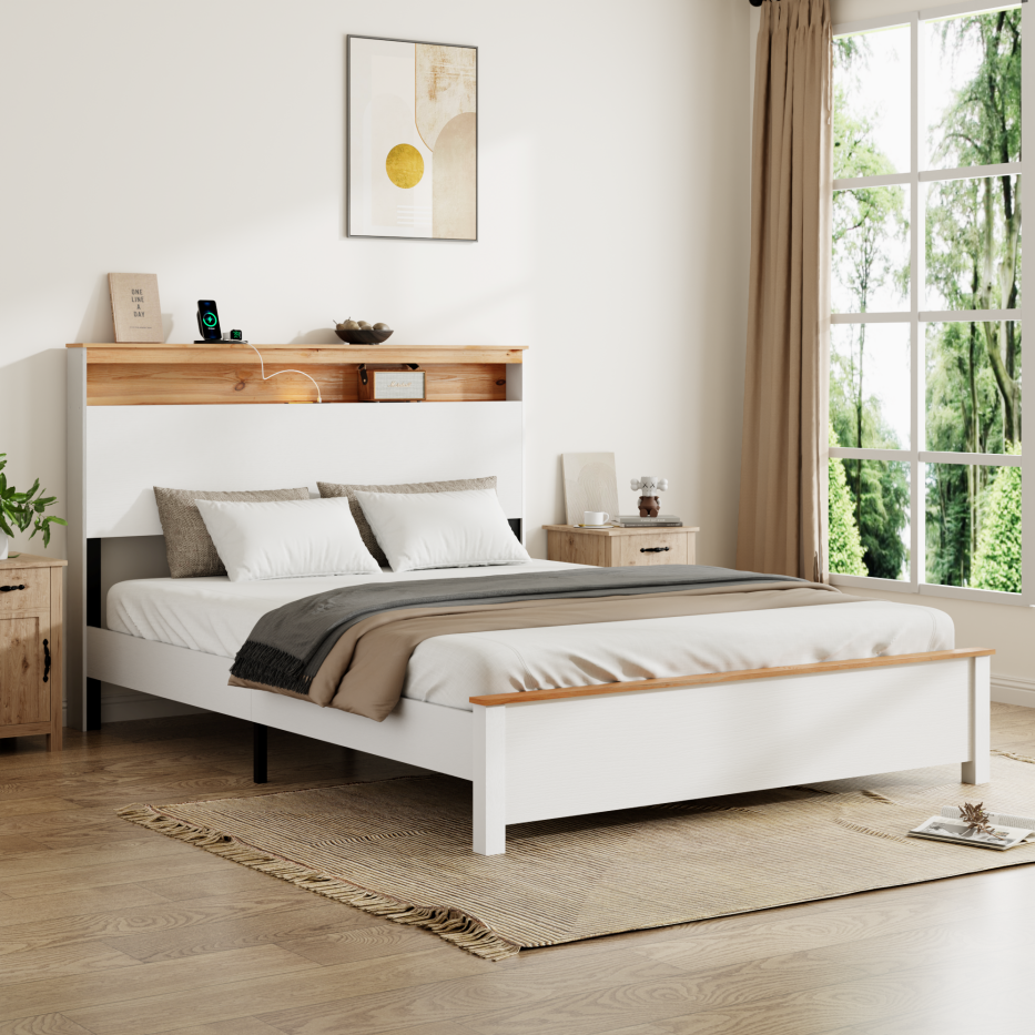 Queen Farmhouse Wood Bed Frame With Storage Headboard & Charging Station, White — foto 2