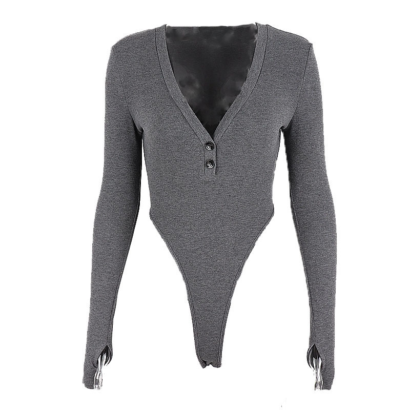 Women's Solid Color V neck Slim Long sleeved Bodysuit Grey - Shop at LoveMi
