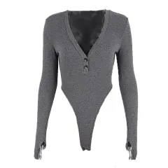 Women's Solid Colour V-neck Slim Long-sleeved Bodysuit - Grey - View 1