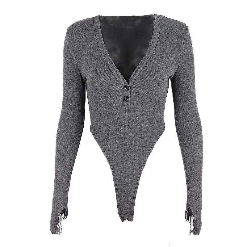 Women's Solid Color V-neck Slim Long-sleeved Bodysuit - Grey
