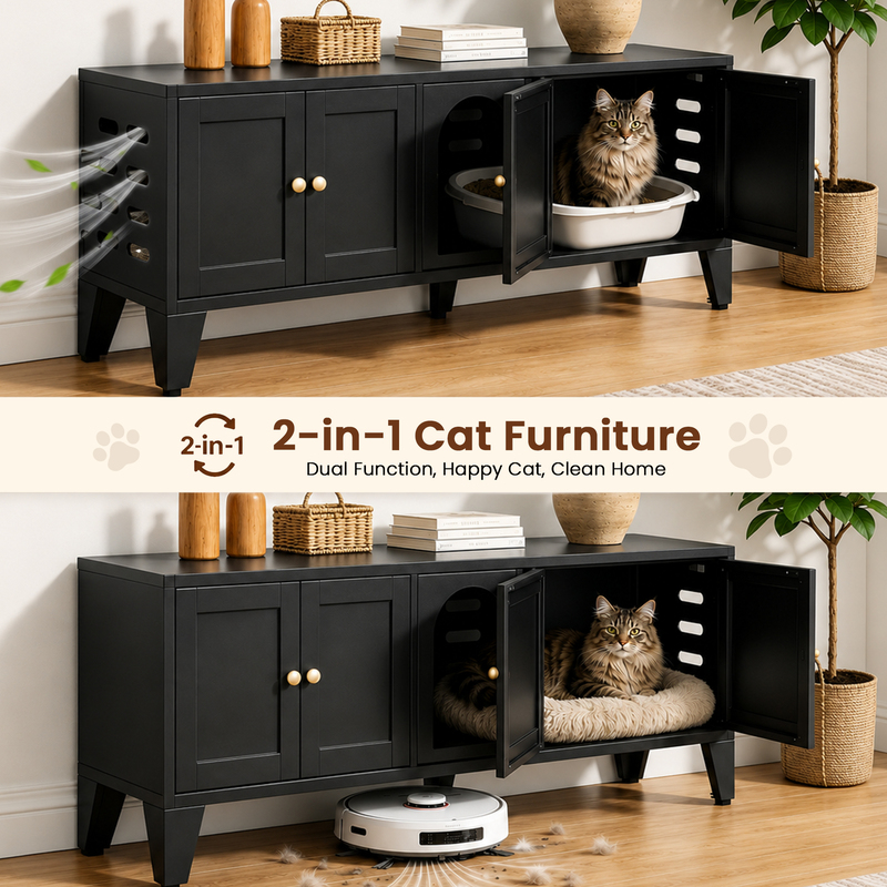 58in Metal Cat Litter Box Enclosure, Hidden Litter Furniture For 2 Cats, Large Indoor Cat House TV Stand Cabinet W Ventilation & 2 Compartments, Black Modern Pet Washroom W Adjustable Legs — foto 7