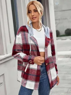 Women Cardigan Women's Plaid Woolen Coat - Red - View 1