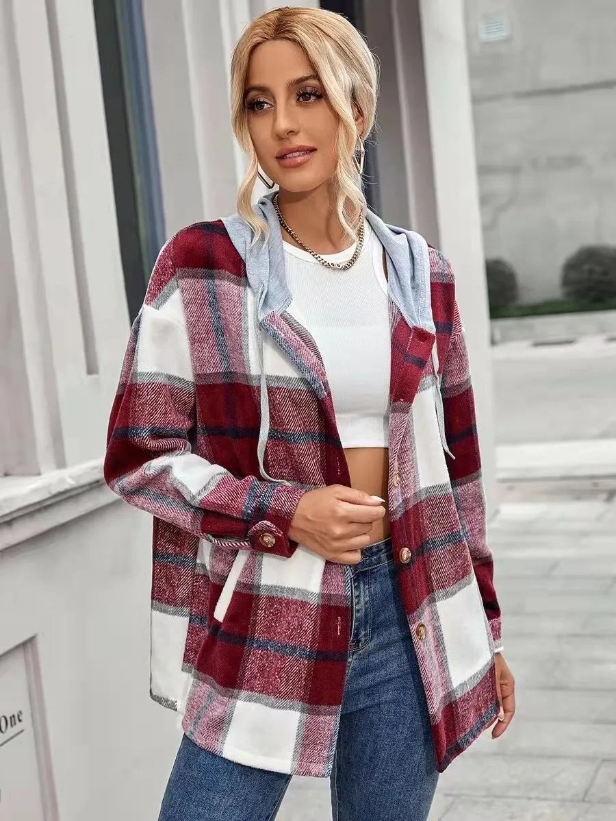 Women Cardigan Women's Plaid Woolen Coat - Red
