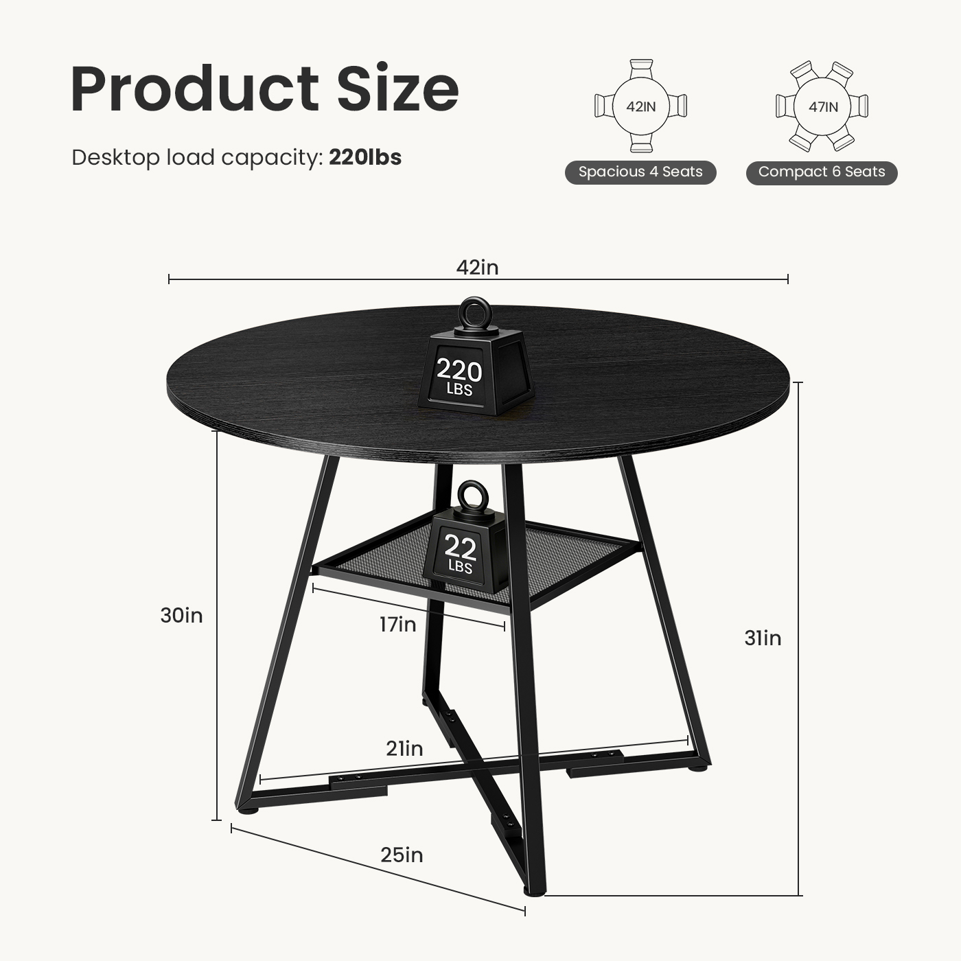 Round Table, Suitable For 4 To 6 People, A Space-saving Kitchen Table With Double-layer Storage Function, Metal Base Frame