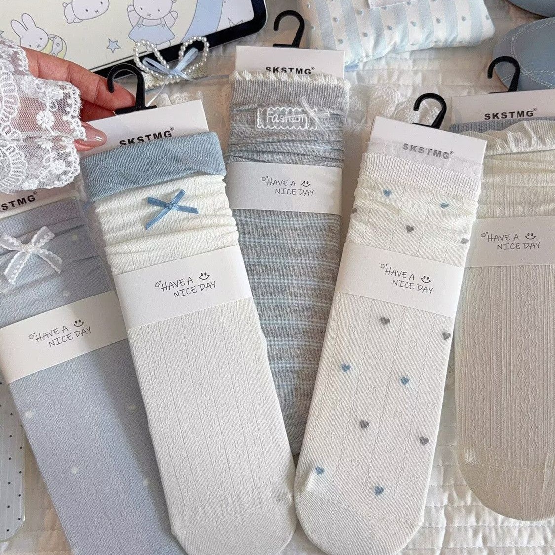Coquette Light Blue & White Crew Socks, Bow & Heart Print Ruffle Trim Knit Socks, Women's Sweet Preppy Socks For Spring & Summer
