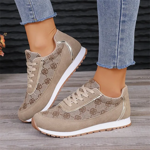 Flower Print Lace up Sneakers Casual Fashion Lightweight Breathable Walking Running Sports Shoes Women Flats Camel - Shop at LoveMi