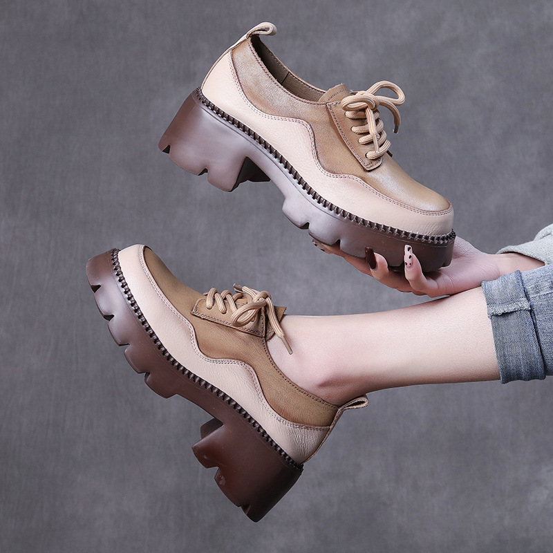 Handmade Vintage Chunky Heel Lace-Up Colorblock Leather Shoes