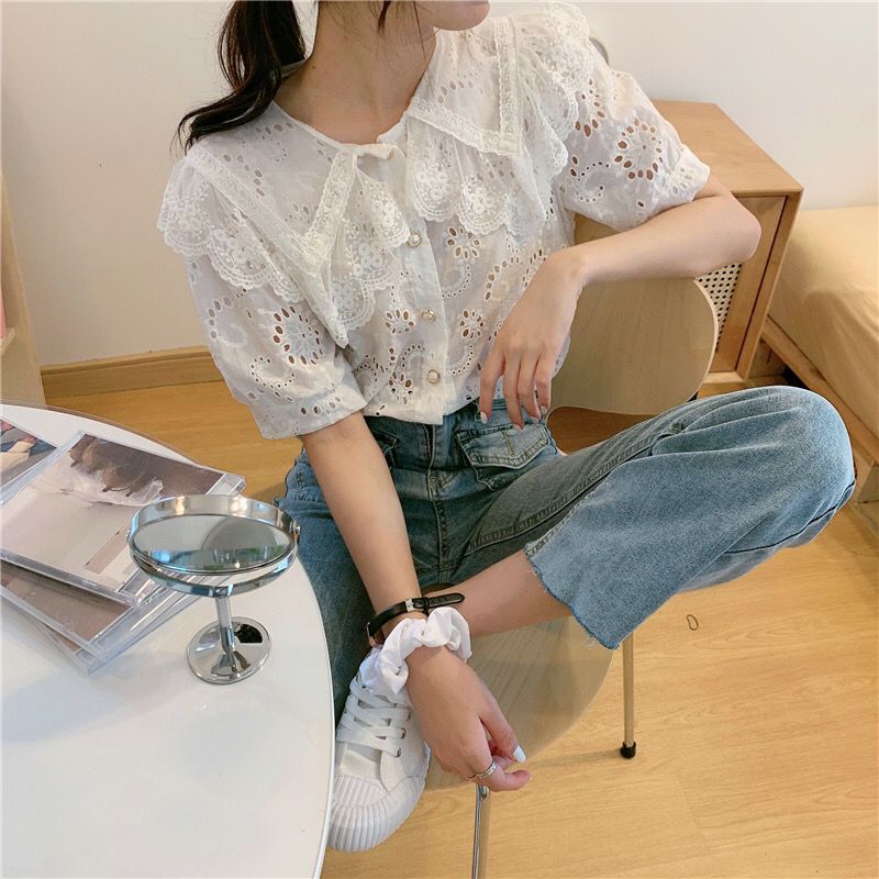 Title 5, Temperament Hollow Embroidery White Lace Shirt ...