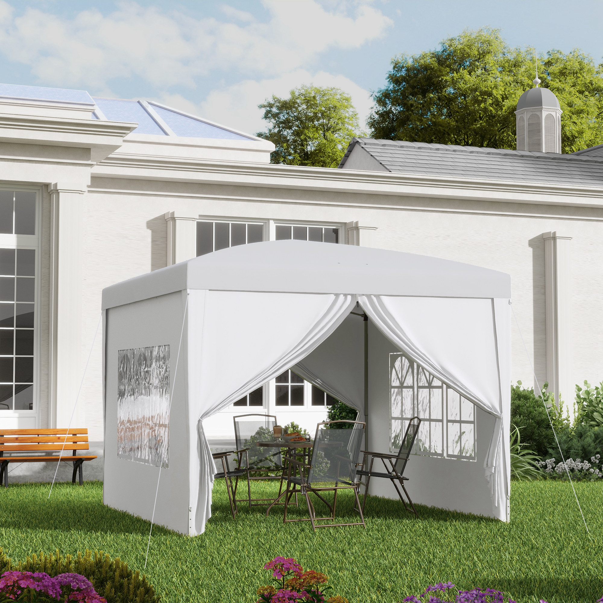 3x3m Pop-Up Gazebo With Curtain Walls And Windows White