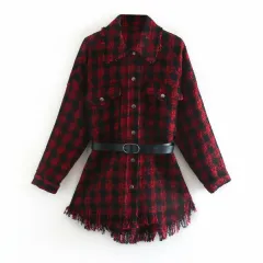 Summer Foreign Trade Women's Assembly Belt Red Plaid Shirt Jacket - Red - View 1