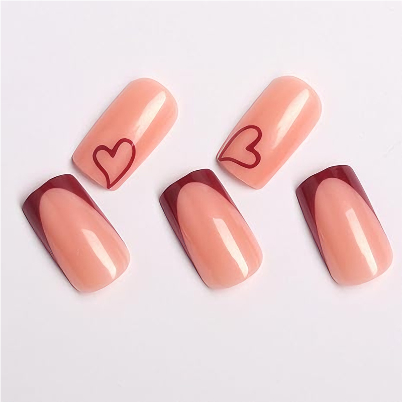 24 PCS Valentine's Day Press On Nails, French Tip Medium Square Wine Red Heart Fake Nails Natural Fit Gel Acrylic Nails, Glue On Nails False Nail Set — foto 8