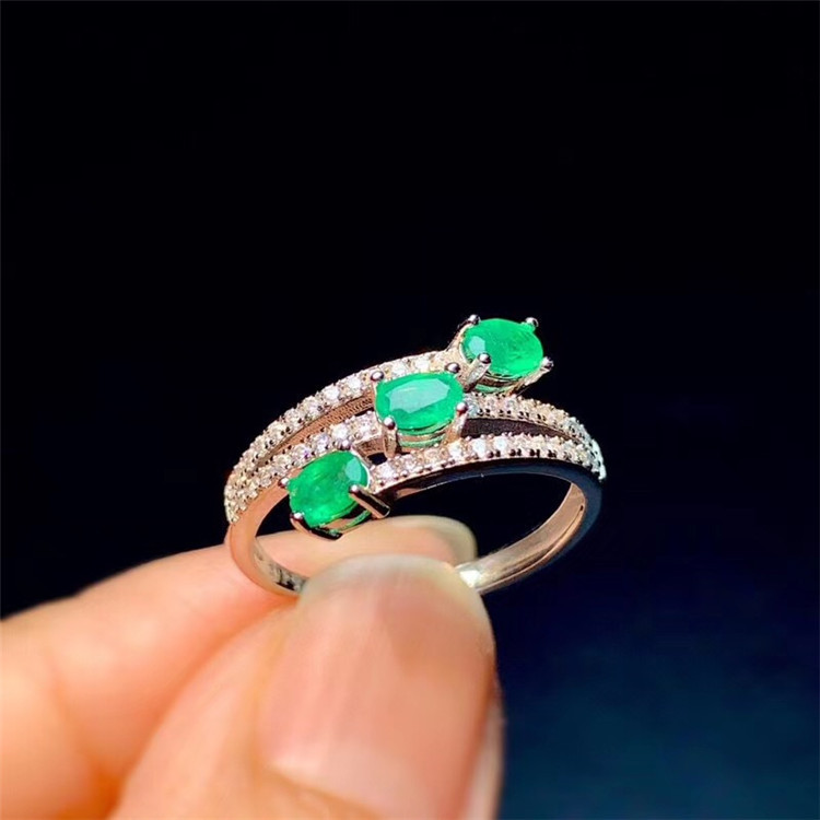 925 Silver Inlaid Natural Colombian Emerald Ring