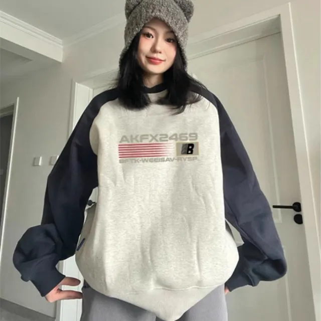 Women's Plush And Thick Pure Cotton Round Neck Color Matching Sweater Gray - Shop at LoveMi